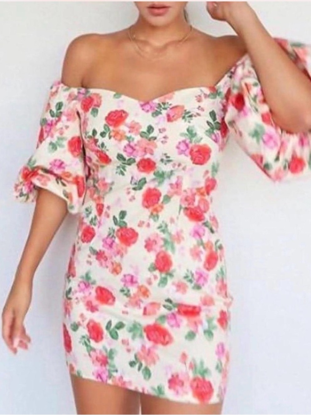 Zara Cream Floral Off-Shoulder Mini Dress with Pink & Green Accents